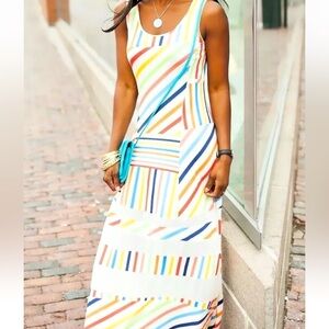 NWT Peter Som Design Nation Womens Maxi Dress Rainbow Striped White Long